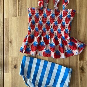 Hanna Andersson Strawberry Blue and White Striped Peplum Swimsuit